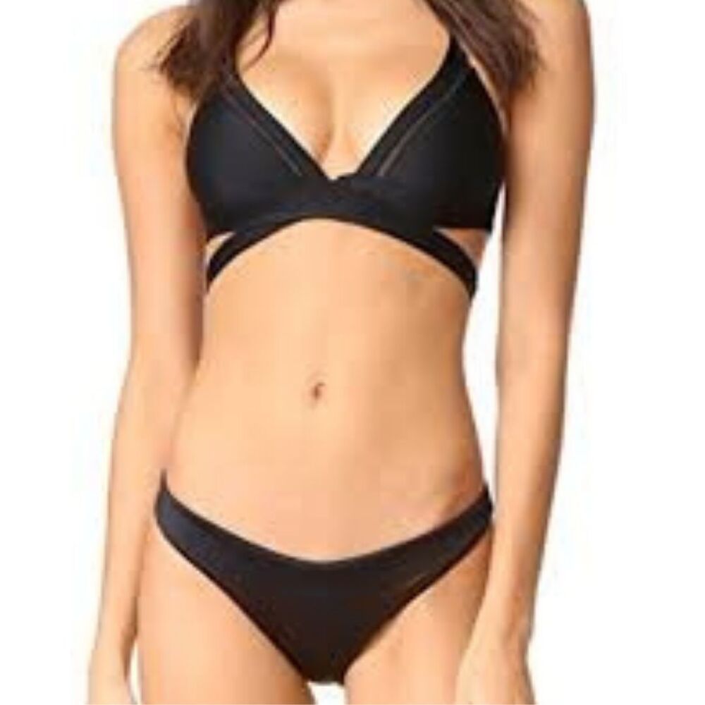 6 SHORE ROAD Bikini Set Black Wrap Halter Cutout Hipster MEDIUM NWOT